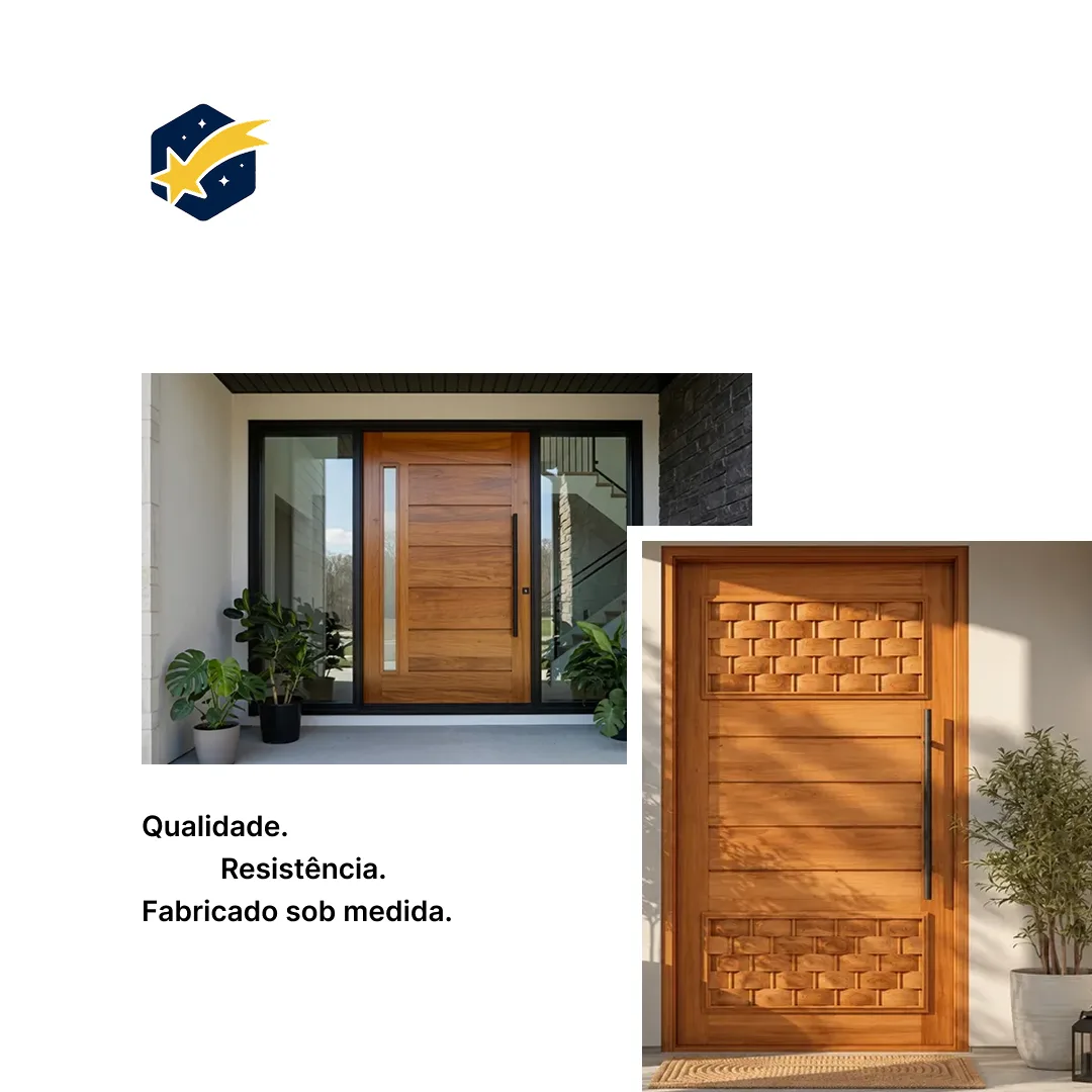 Duas portas de entrada de eucalipto instaladas, com o texto: qualidade, resistência, fabricado sob medida